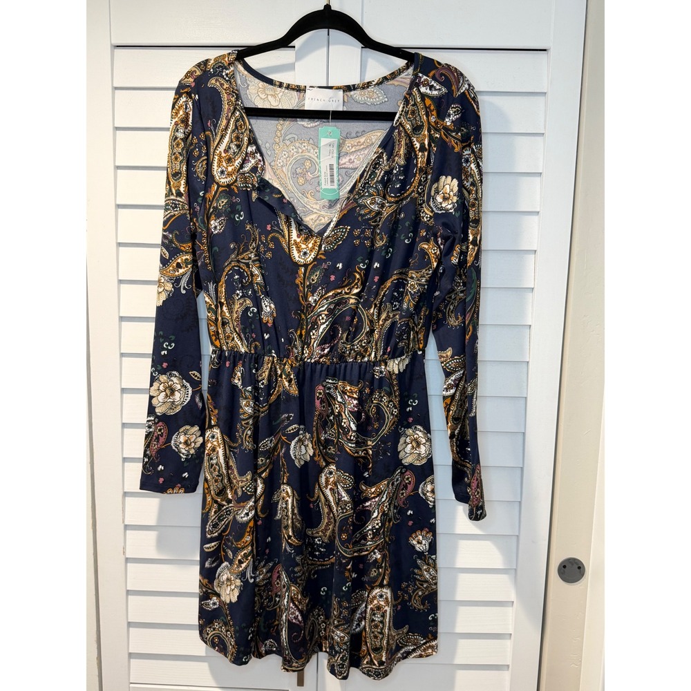 French Grey Lindsay Paisley Knit Dress Stretch‎ Casual Boho XL